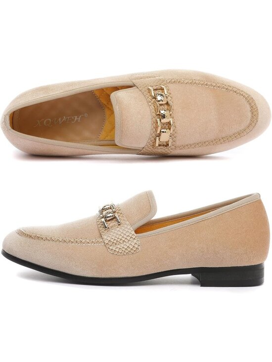 XQWFH Men\'s Beige Velvet Penny Loafer Gold Chain Buckle Slip On Flat Forma Shoes main image 5